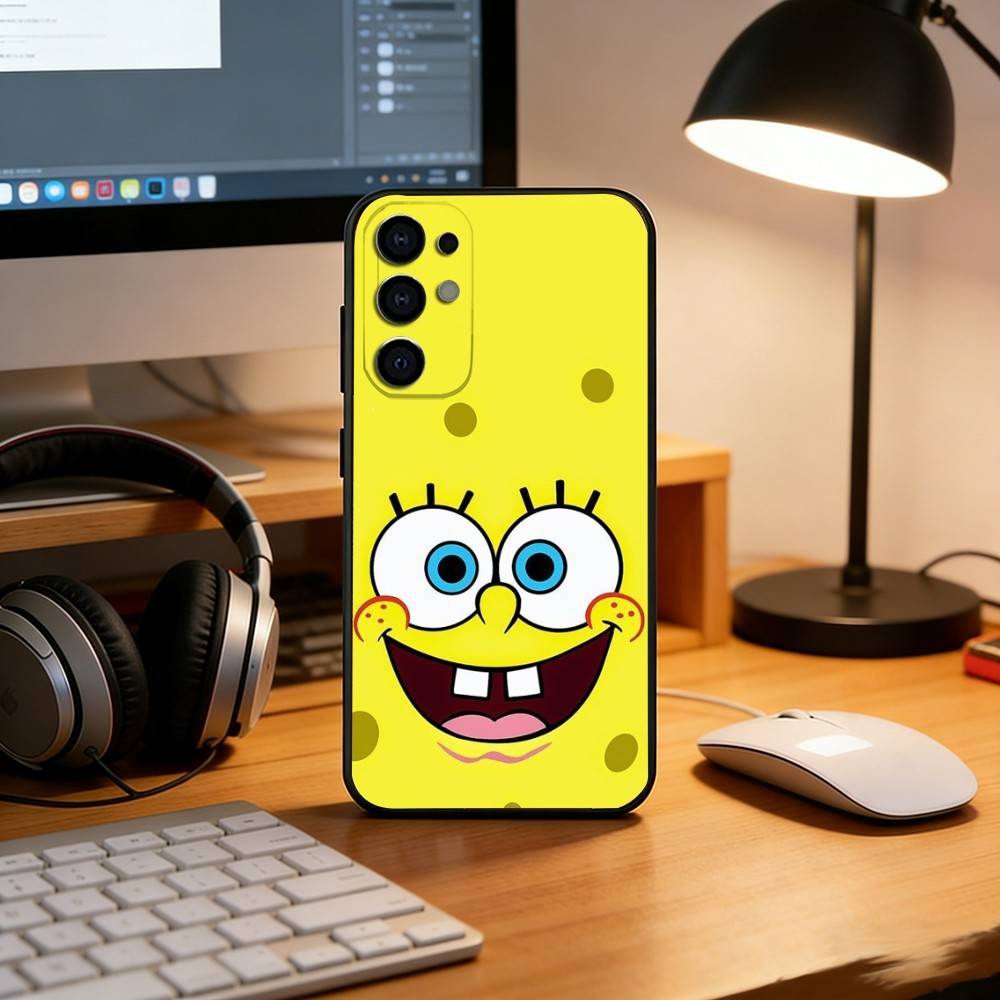 C-Cute Yellow Cartoon Sponge Phone Case Black Silicone Soft For Samsung S25,S24,S21,S22,S23,S30,Ultra,S20,Plus,Fe,Lite