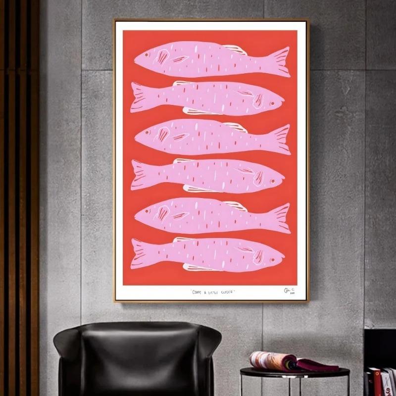 Colorful Sardine Lobster Fish Ocean Animal Whitepaper Canvas Painting  Fancy for Living Room Bar Decoration Vintage Painting