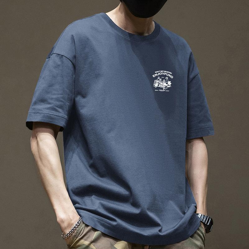 Cotton Short Sleeved T-shirt Men's Summer Trendy Printed Round Neck Shirt Loose Trendy Breathable T-shirts