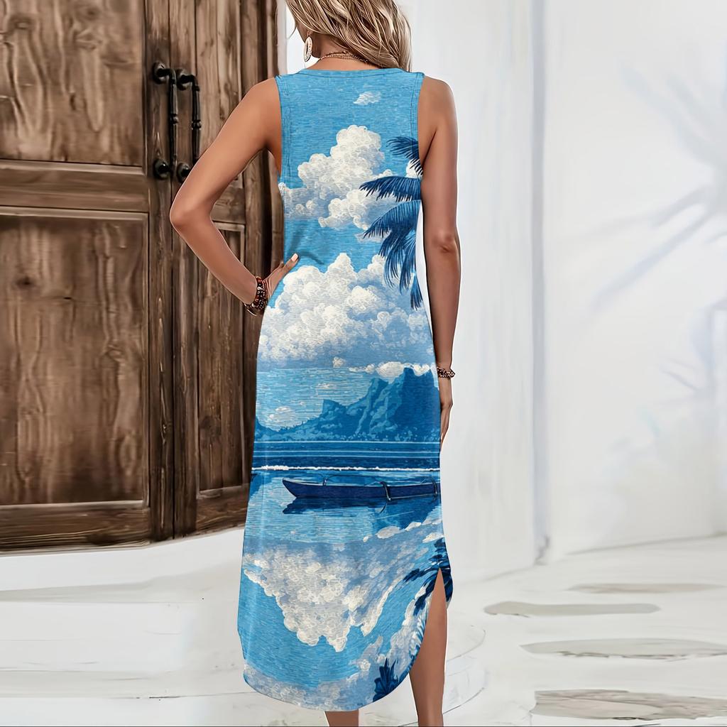 Women Casual Loose Fit Sleeveless Maxi Dress Summer Hawaiian Print Long Dress Side Slit Beachwear Sundress
