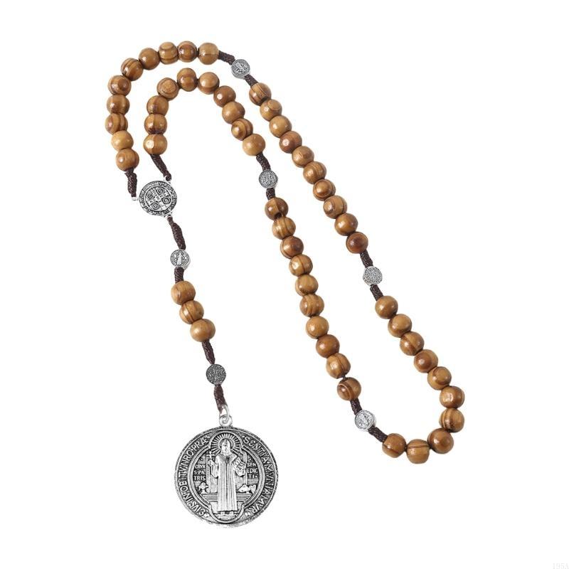 Braided Wood Beads Chain Rosary Necklace with Pardon Crucifix Crosses Medals Pendant Christians Religious Communion Gift