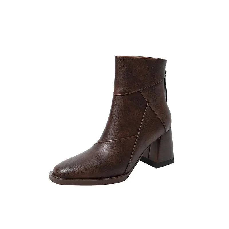 Bottines épaisses à fermeture éclair pour femme, style rétro, en cuir souple marron, courtes, à bout carré, décontractées, à talons hauts, nouvelle collection automne