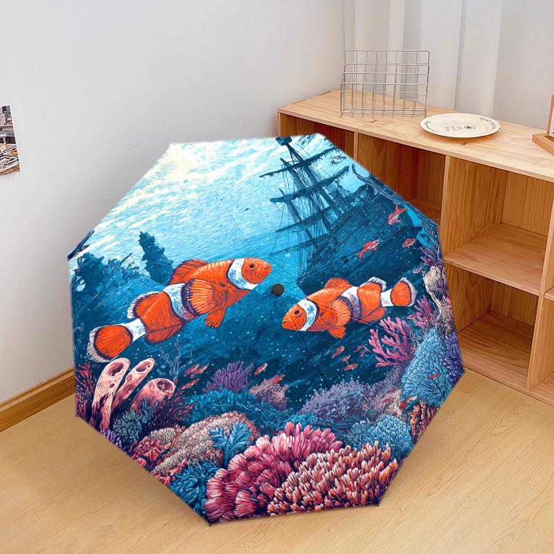 1 Stück Automatischer Faltregenschirm - Clownfisch-Muster, Tragbares & Faltbares Design mit 8 Speichen, Weihnachts-Geburtstagsgeschenke