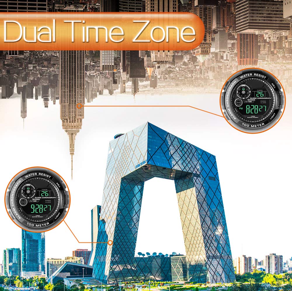 100 m Unterwasser-Tauchuhr für Männer und Jungen mit Alarm, Dualzeit-Stundenformat, Stoppuhr, Chronograph, Funktion, Zone, 12/24