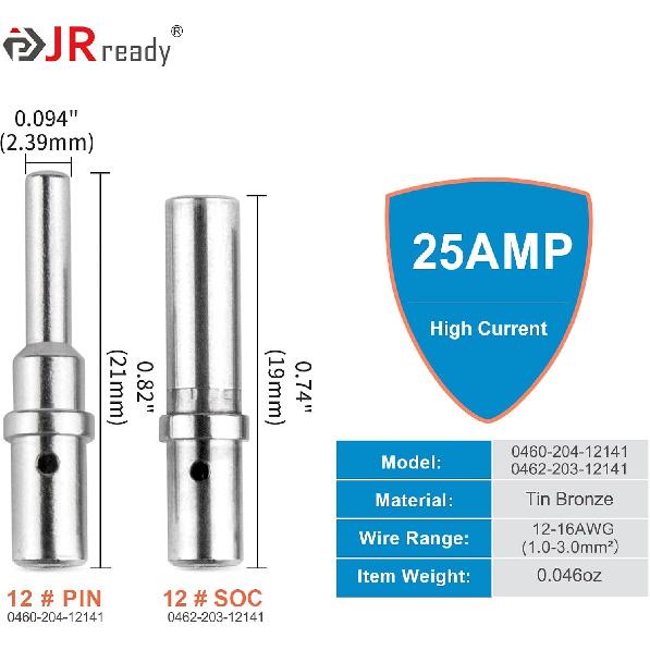 JRready ST6285 Deutsch DTP Connector Kit Size 12 Waterproof 25 Amp - 10 Sets 2 Pin Connector Kit with 20 Pairs 16-12 AWG Solid Contacts Male and