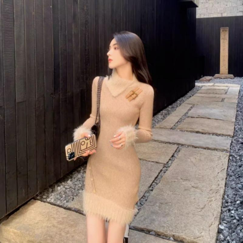 Rochie tricotată toamnă și iarnă pentru femei noi de înaltă calitate și minion un temperament care pulover solid tricotat pentru femei