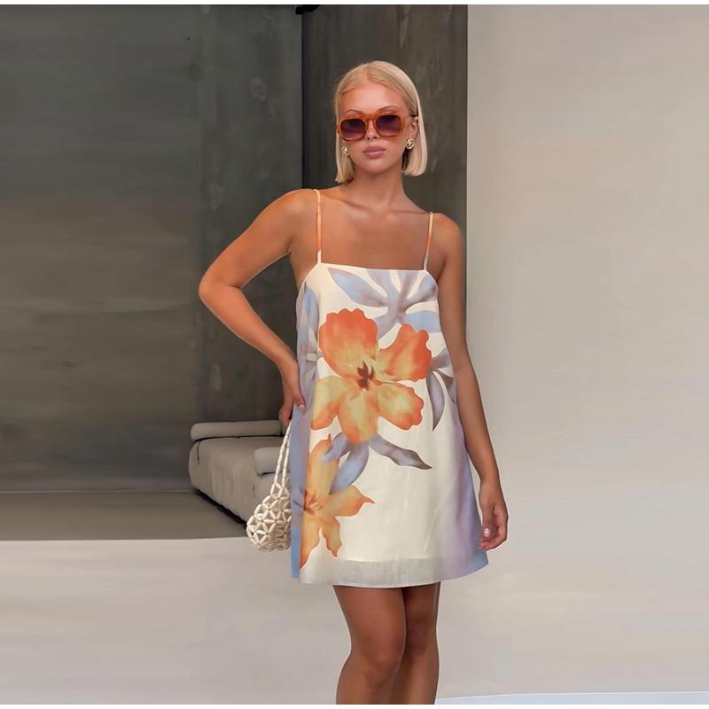Print Sleeveless Strap Dress Women's Loose Square Collar Off Shoulder Mini Dresses Beachwear