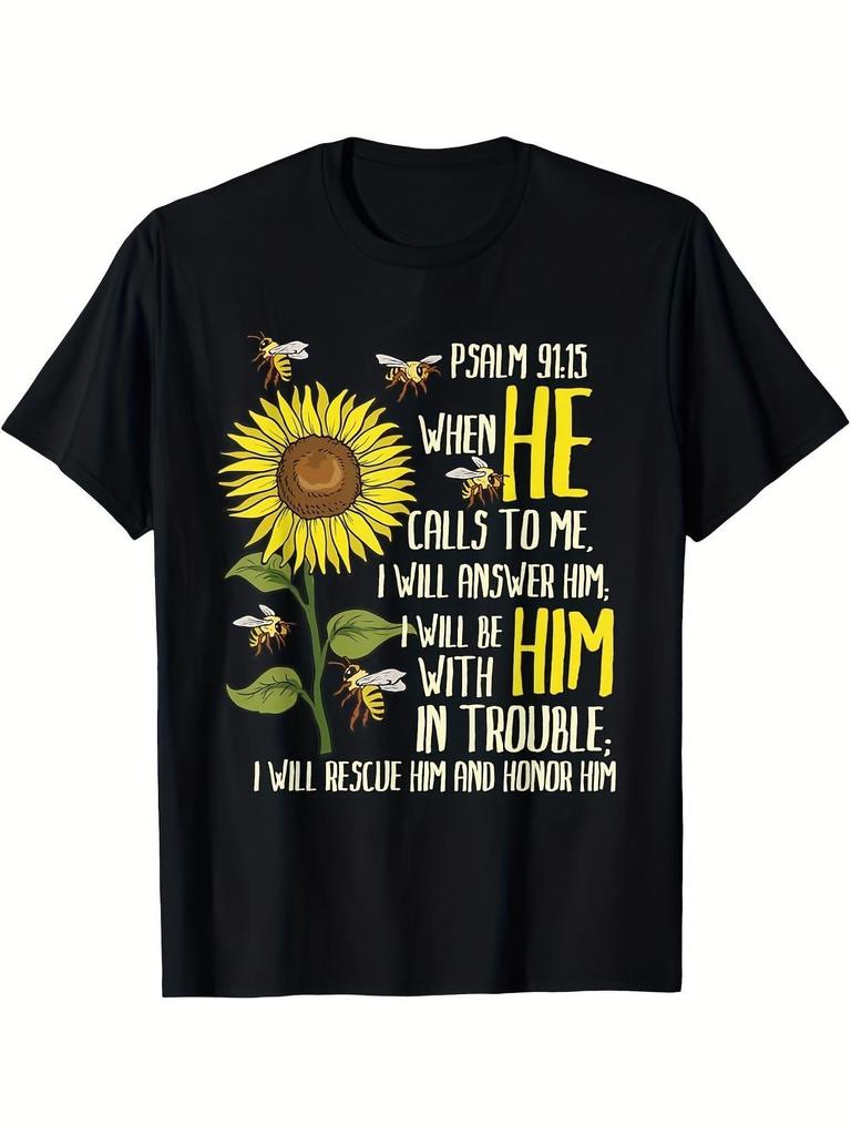 Men's Christian Faith T-shirt, Featuring Psalm 91 15 and a Sunflower and Bee Design SM Heavyweight F