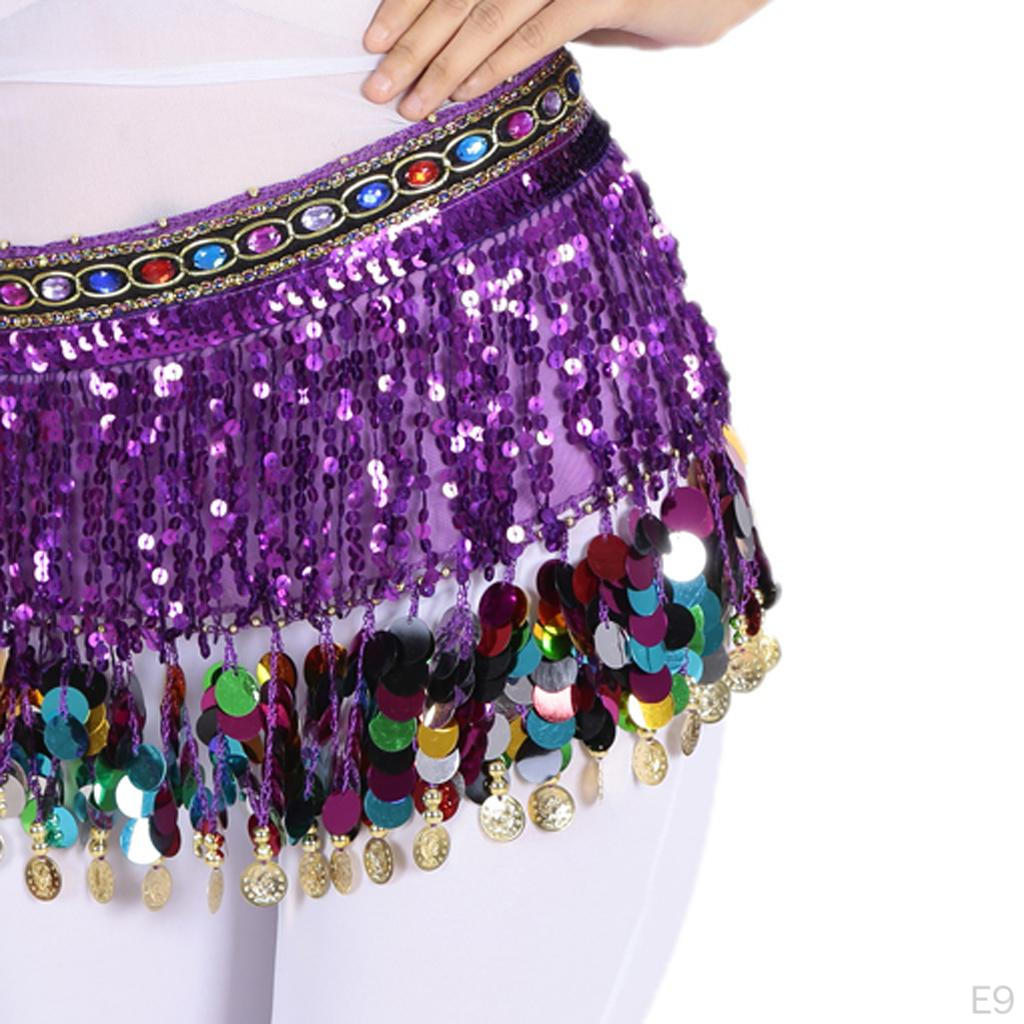 Chiffon Dangling Gold Coins Belly Dance Hip Scarf with Sequins Rhinestones Decoration,Dance Skirt