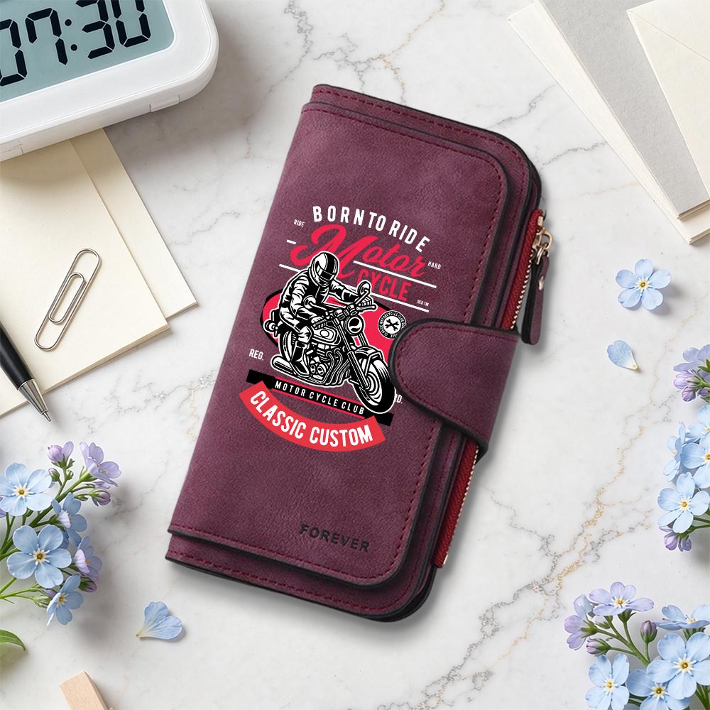 Vintage Biker Print Long Wallet with Multi-Card Slots, Stylish Portable Durable Purse for Daily Use
