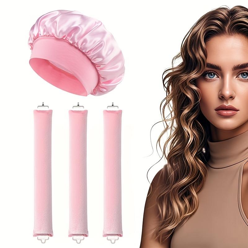 4 Pcs No Heat Hair Curler Set with Satin Bonnet, Overnight Anti-Frizz Wave Styling Tools, Adjustable Soft Fit for All Hair Types