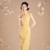 New Chinese style young yellow cheongsam bubble jacquard 1011 summer daily girly beautiful dress