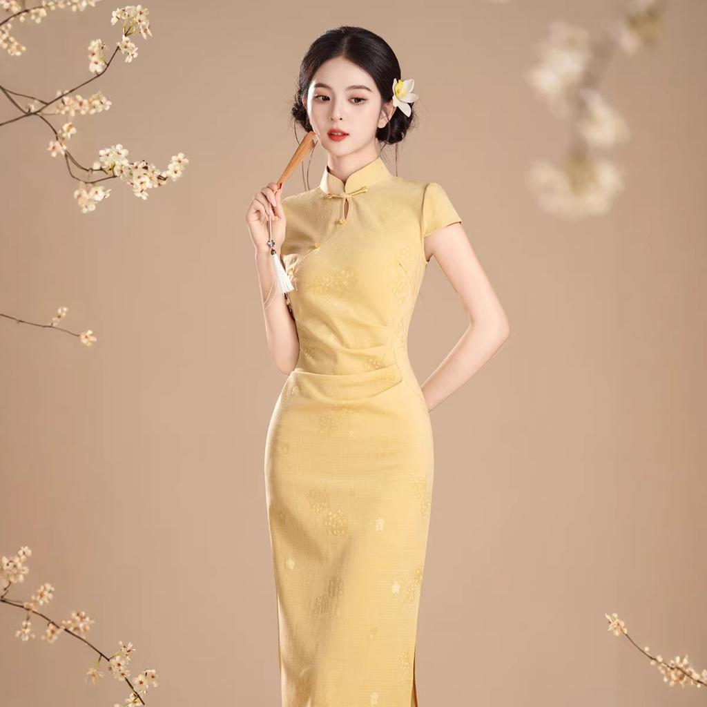 New Chinese style young yellow cheongsam bubble jacquard 1011 summer daily girly beautiful dress