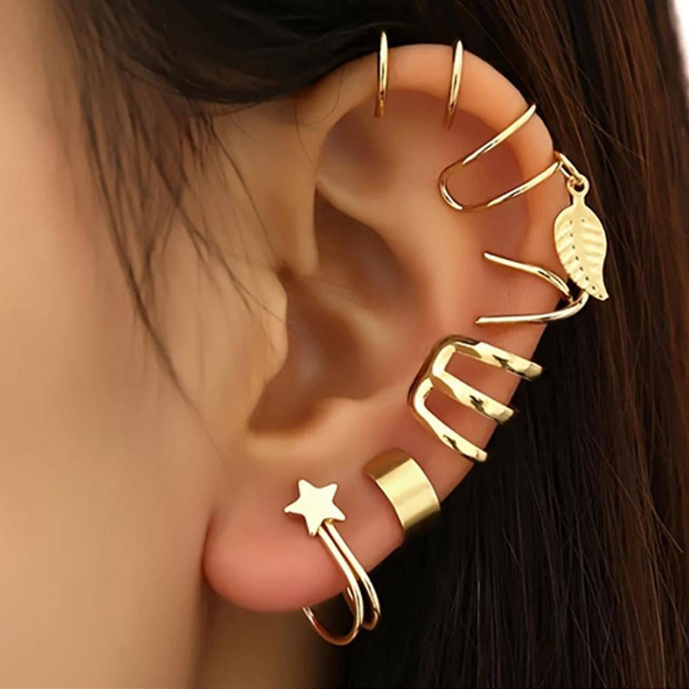 5pcs/set Trendy Elegant Design Ear Cuff Classic Elegant Style Gifts Women's No Piercing Clip Silver Earrings Circle Leaf Shaped