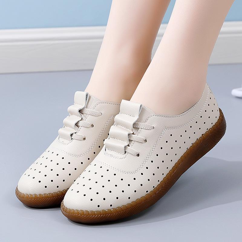 Women's Genuine Leather White Loafers: Soft Sole, Hollowed Design, Korean Style, Perfect for Casual Walking