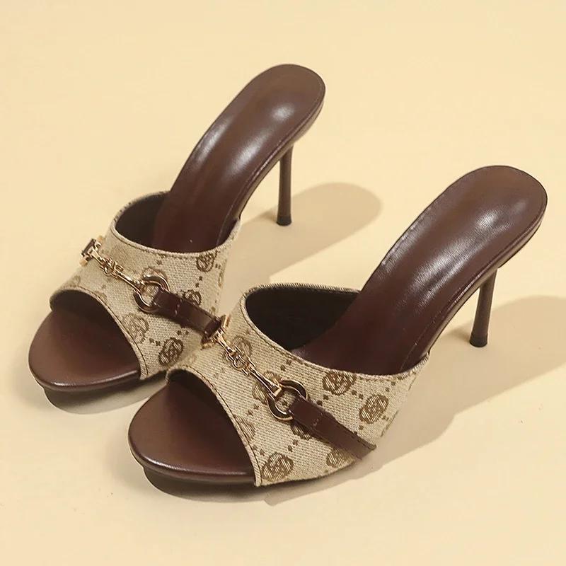 Fashion Elegant Metal Buckle High Heels Slippers Women Brand Design Printed Thin Heeled Sandals Woman Fashion Dress Party Shoes Size 42