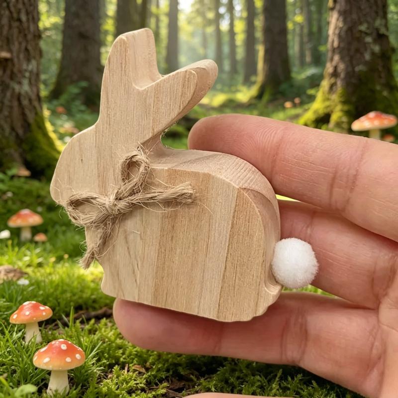 6pcs Wooden Bunny Figurines Wood Rabbit Decorations with Jute Twine Rustic Tabletop Ornaments for Home Decor and Farmhouse