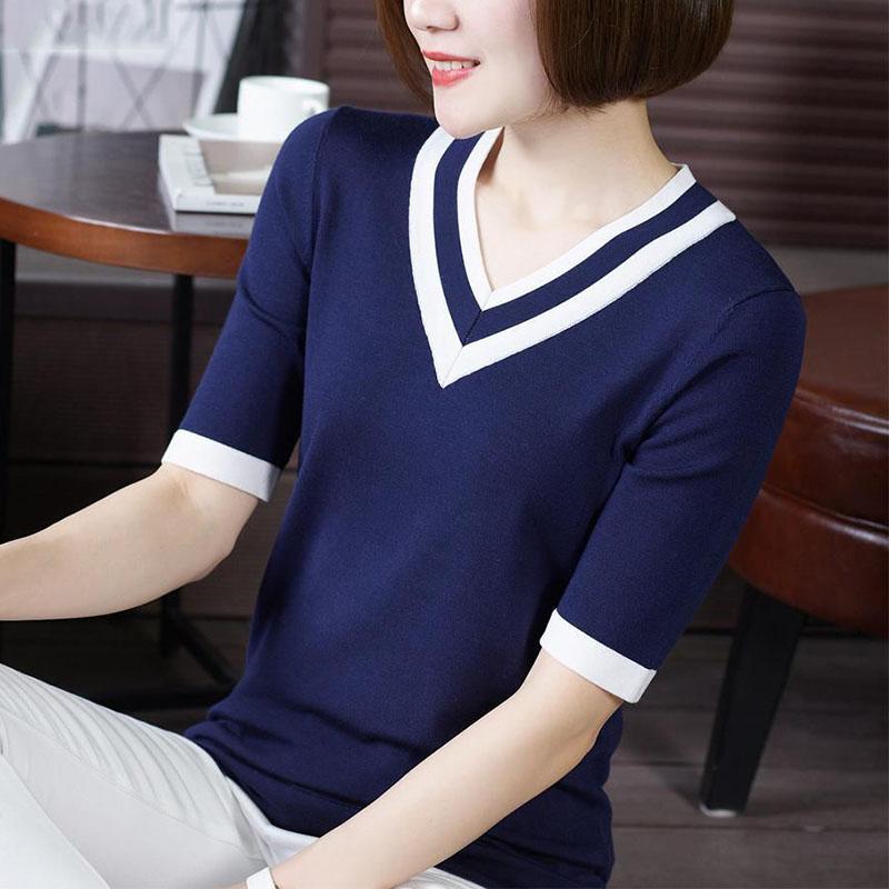 

Базовые футболки Новая контрастная футболка с V-образным вырезом и рукавами до локтя Однотонная женская одежда L синий