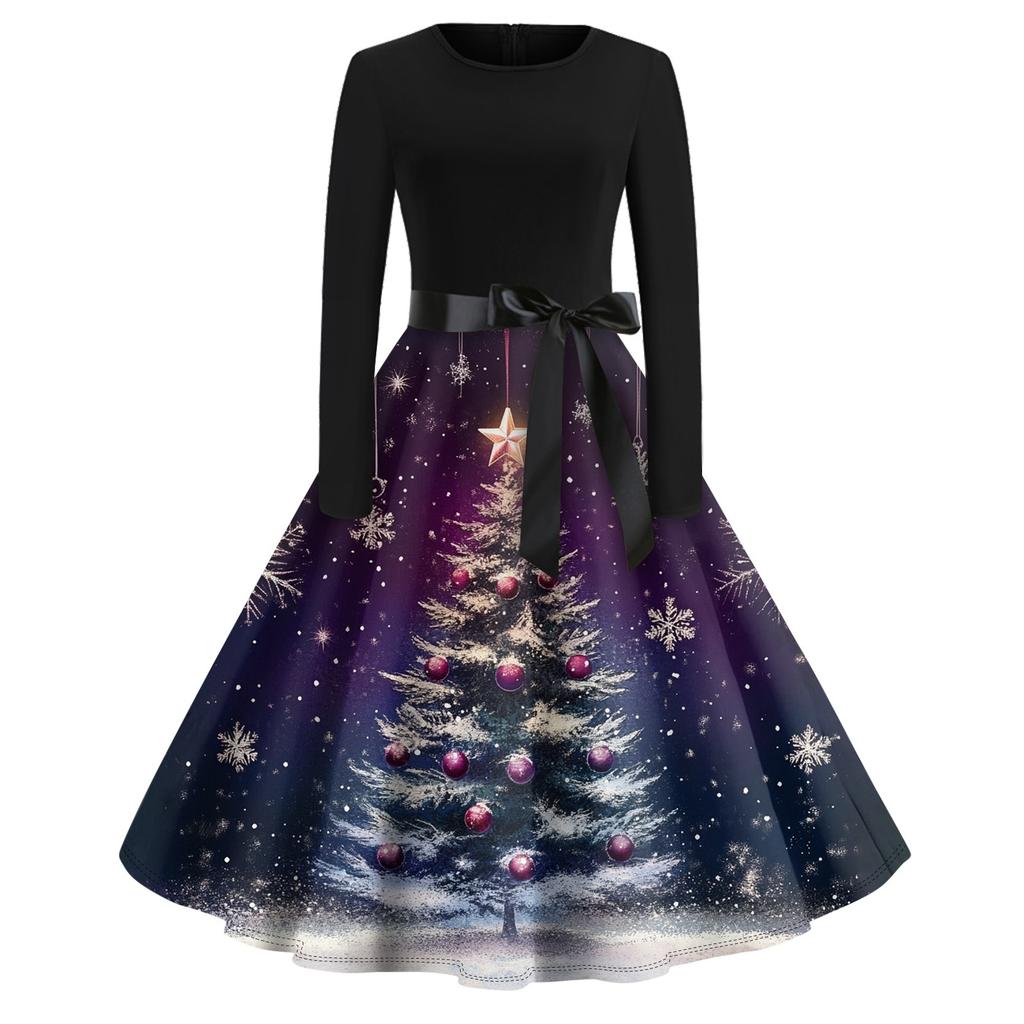 Damen Vintage Classic Kleid Langarm Weihnachtsdruck Rundhals Swing Kleid