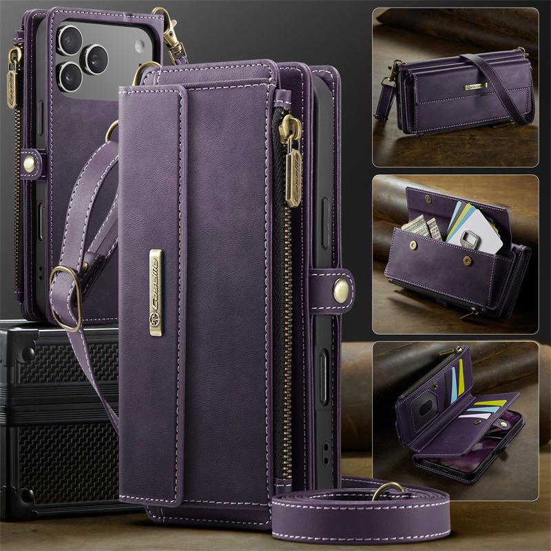 CaseMe Flip Leather Phone Case for iPhone 17 Pro Max Air 16 Plus 16E 15 14 13 Mini 12 11 X XS XR SE 2022 8 Long Lanyard Zipper Wallet Multi Card Cover