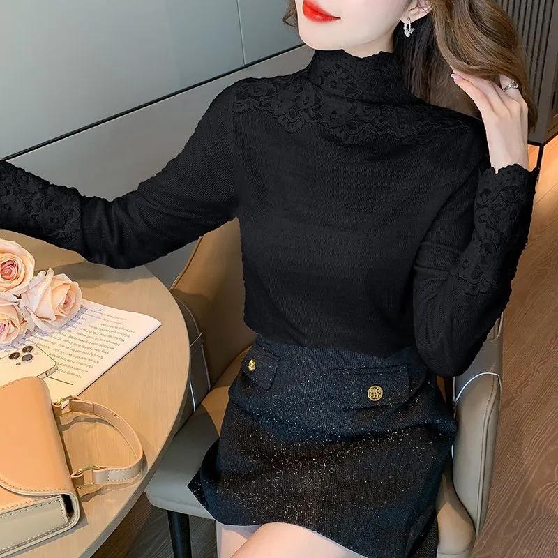 Women's Turtleneck Lace Patchwork Fuzzy Knit Top Elegant Slim Fit Winter Blouse Long-sleeved T-shirt Top