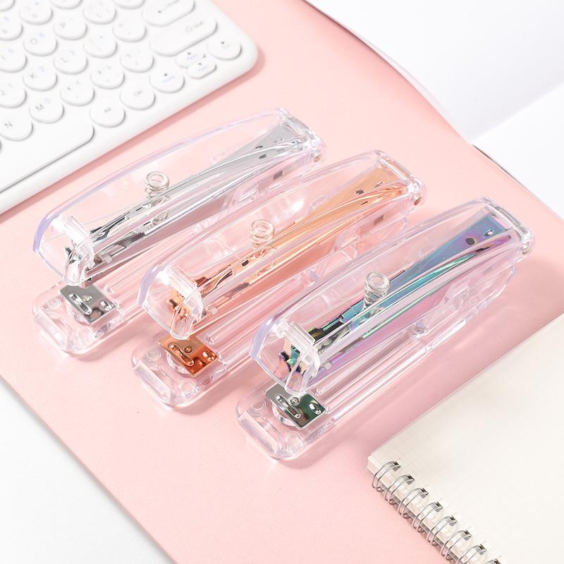 Transparent Rose Gold Stapler & Hole Punch Set with Scissors and Staple Remover - Frosted, Colorful Office Supplies.