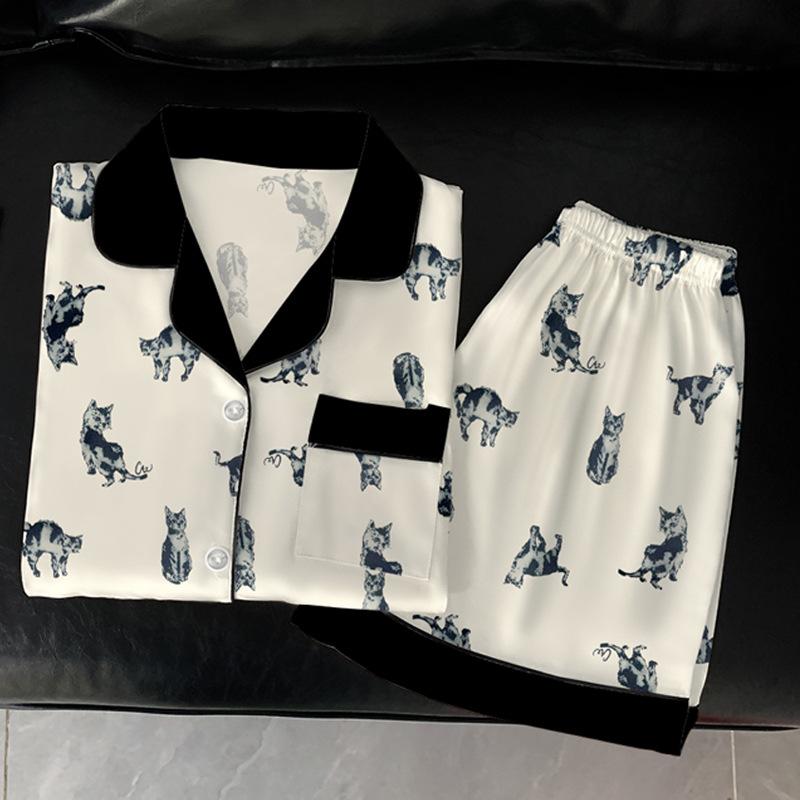 Cartoon Cat Print Ice Silk Pajamas Women'S Summer Short-Sleeved Cardigan Set Loungewear