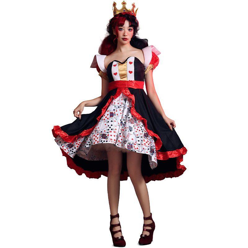 Halloween Costume Red Queen Poker Print Dress Alice in Wonderland Queen of Hearts Character Performance Dress 5009 S