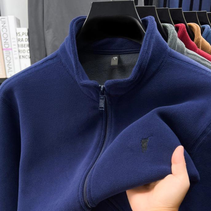 Men's Double-Sided Berber Fleece Stand Collar Jacket with Embroidery – Classic American Style