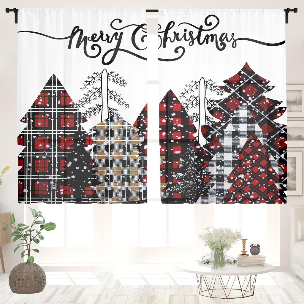2 Pieces, Merry Christmas Red Buffalo Grid Tree and Snow Forest Farmhouse Curtains - Living Room Bedroom Home Decoration