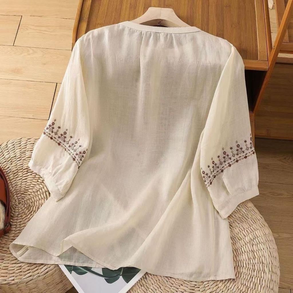 Retro Pure Cotton Five Quarter Sleeved Shirts Middle-aged Mom Loose Belly Covering Top Embroidered Women's Blouses & Shirts