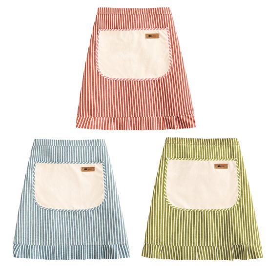 Mezzo Grembiule con Orlo Arricciato Grembiule con Pettorina Regolabile Tasca Grande Design a Righe Traspirante Grembiule da Vita in Cotone-Lino per Cucina, Cottura, Giardinaggio