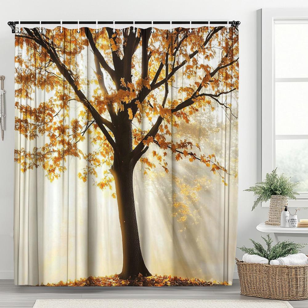 

1PC Trees At Dusk in Autumn Shower Curtain, Tree Scenery Bathroom Decorative Curtain,Polyester Home Curtain with Hooks 90x180cm-35x70in