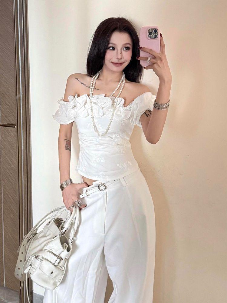French curled jacquard shoulder short-sleeved t-shirt women s summer design temperament unique ruffle edge short top S белый