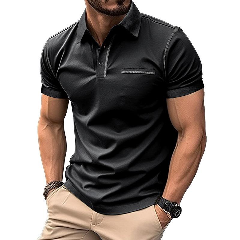 Men Dark Grey Short Sleeve Contrast Stitch Pocket Casual Polo Shirt S чёрный