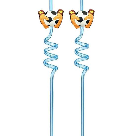 2Pcs Soccer Theme Spiral Straws, PET Reusable Curved Drinking Straws with Football Charm, World Mug Party Beverage Decor