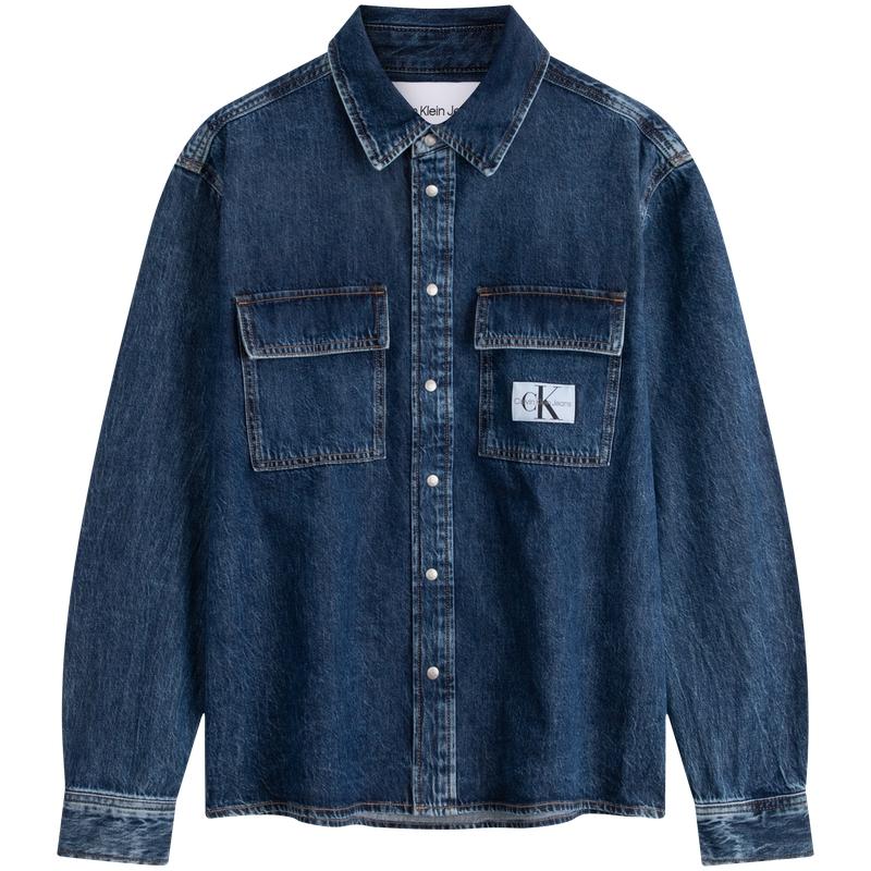 Calvin Klein Minimalistische Taschen Distressed Lockerer Denim Langarmhemd Herrenhemden Denim-Blau J325558
