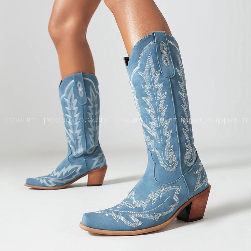 Fashion IPPEUM Red Western Cowboy Boots For Women Embroidered Pointed Toe Shoes Free Shipping Knee High Wide Calf Cowgirl Boots