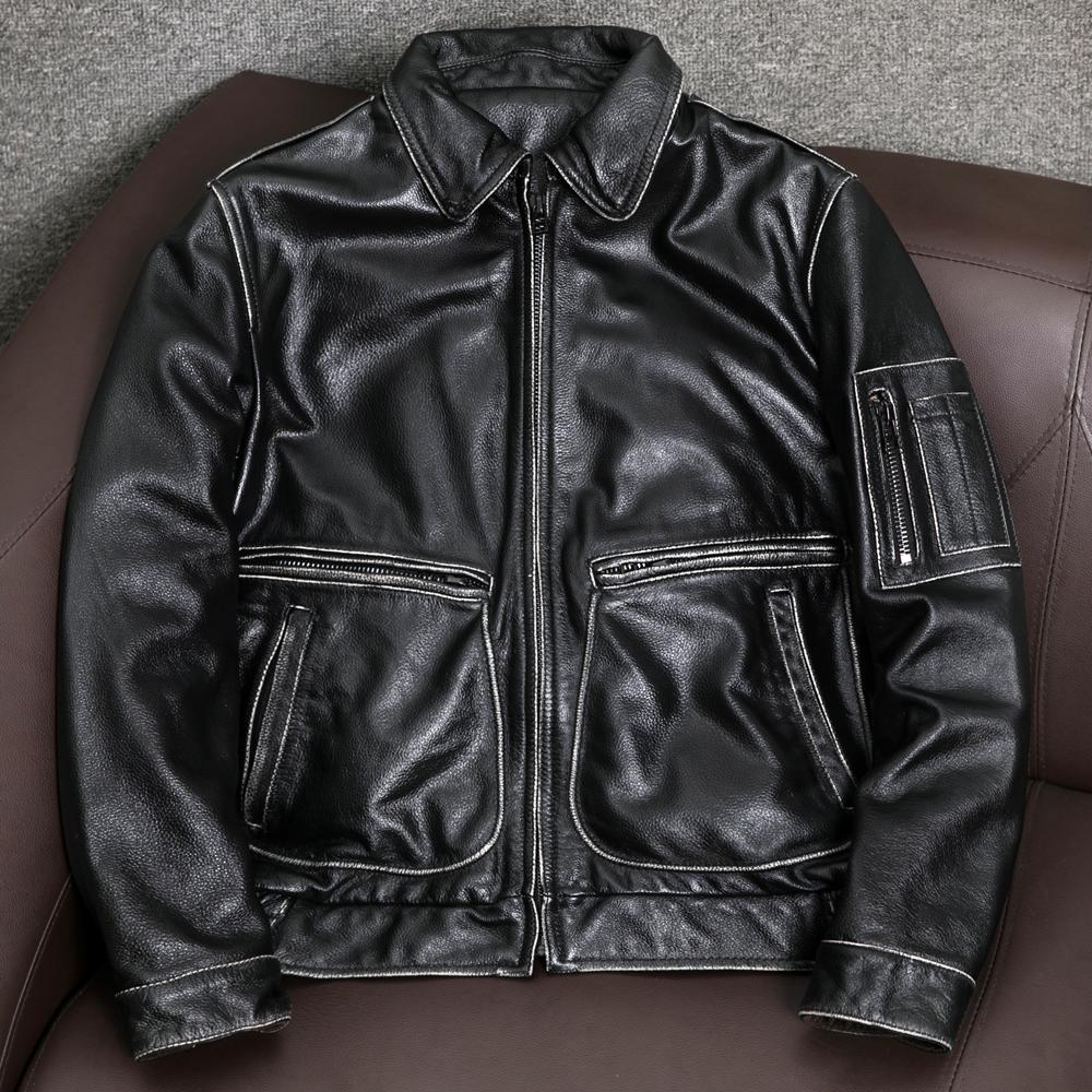Vintage American Distressed Pilot Flight Jacket Genuine Leather Coat Mens Big Size Outerwear