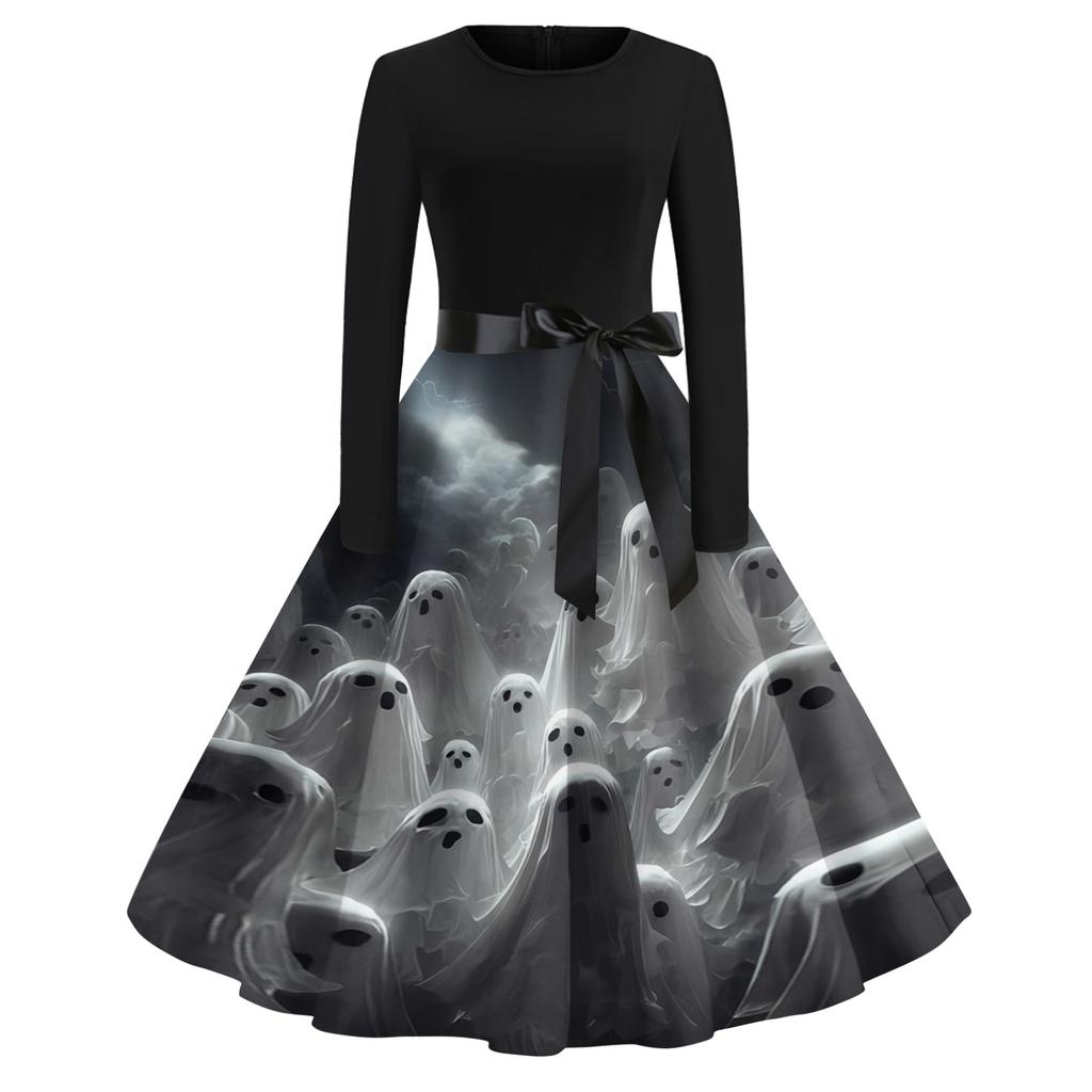 Vintage Dress for Women Retro Halloween Dress with Pumpkin Skull Print Long Sleeve Western Dress for Women Boho Maxi Dress