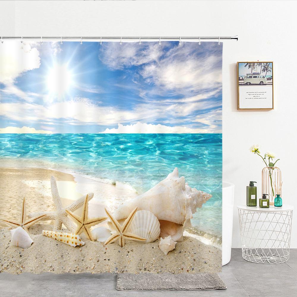 High Quality Sea Beach Shell Printed Shower Curtains starfish Bath Curtain Screen Waterproof Products Bathroom Decor with Hooks