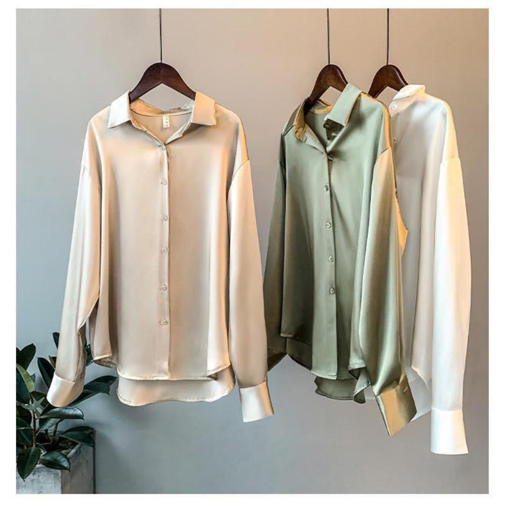 Women's Long Sleeve Satin Shirt Spring Summer Sun Protection Versatile Drape Retro Hong Kong Style Blouse Top