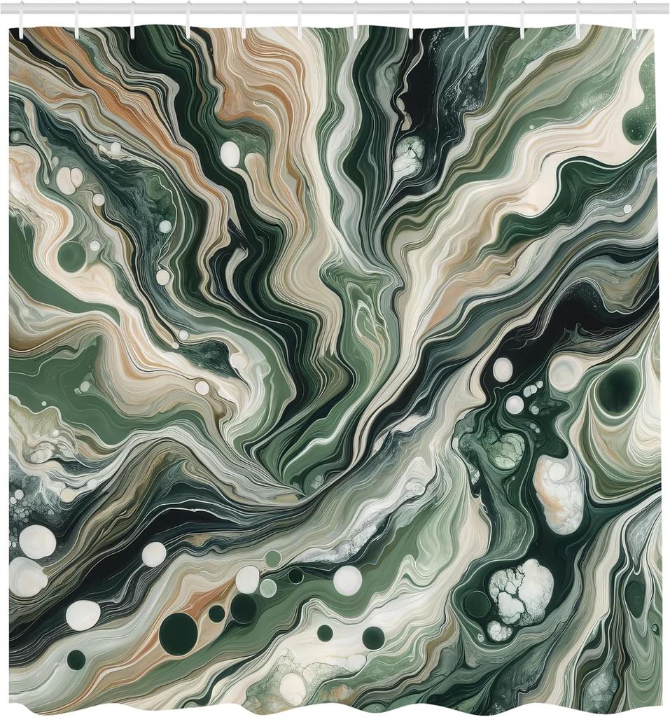 Olive Green Shower Curtain, Contemporary Abstract Swirling Lines and Roundy Details Marble Print, Cloth Fabric Bathroo