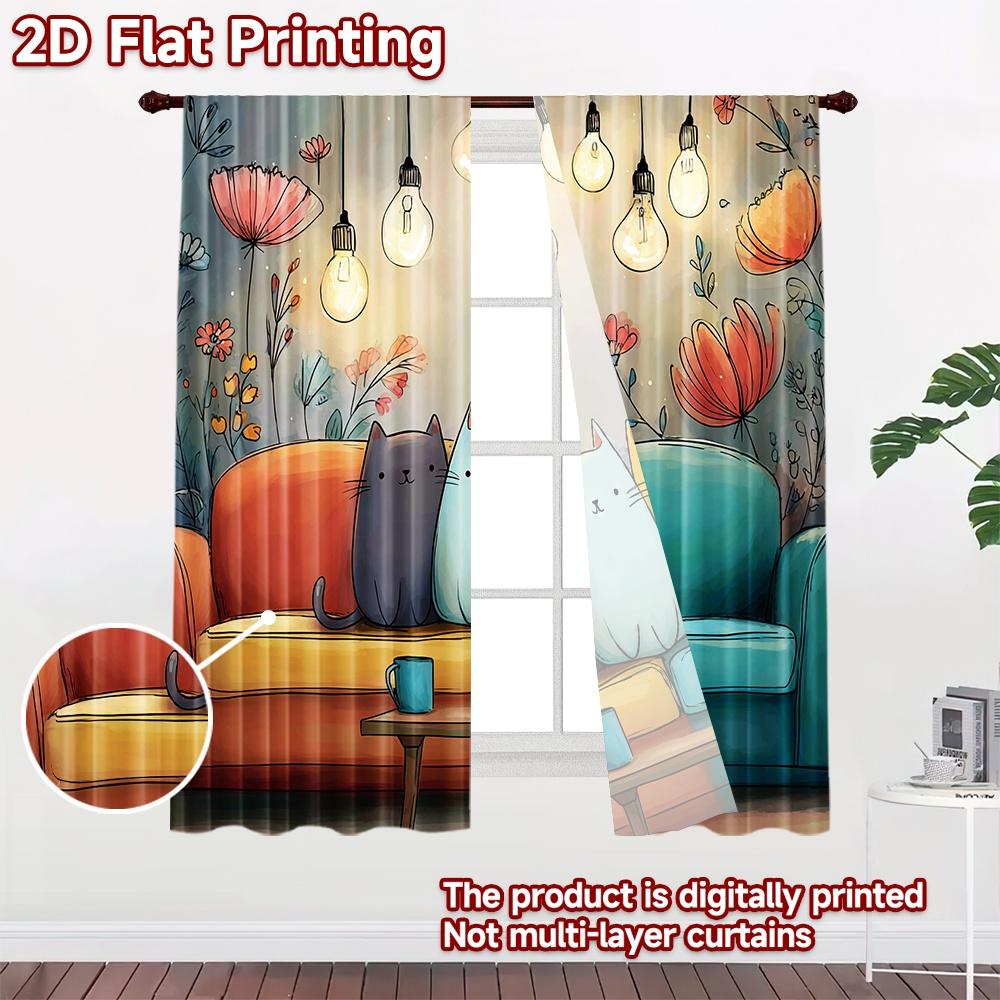 2D flat printing 2pcs Curtain Cute Cats Sofa Floral Digital Printed Polyester Drapes Seasonal Party & Holiday Decor Perfect for