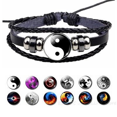 Yin Yang Armband Baum des Lebens geflochtenes Leder Pubk schwarze Armbänder Tai Chi Bastelbedarf Lebensbaum Glaskuppel Schmuck Männer Geschenk