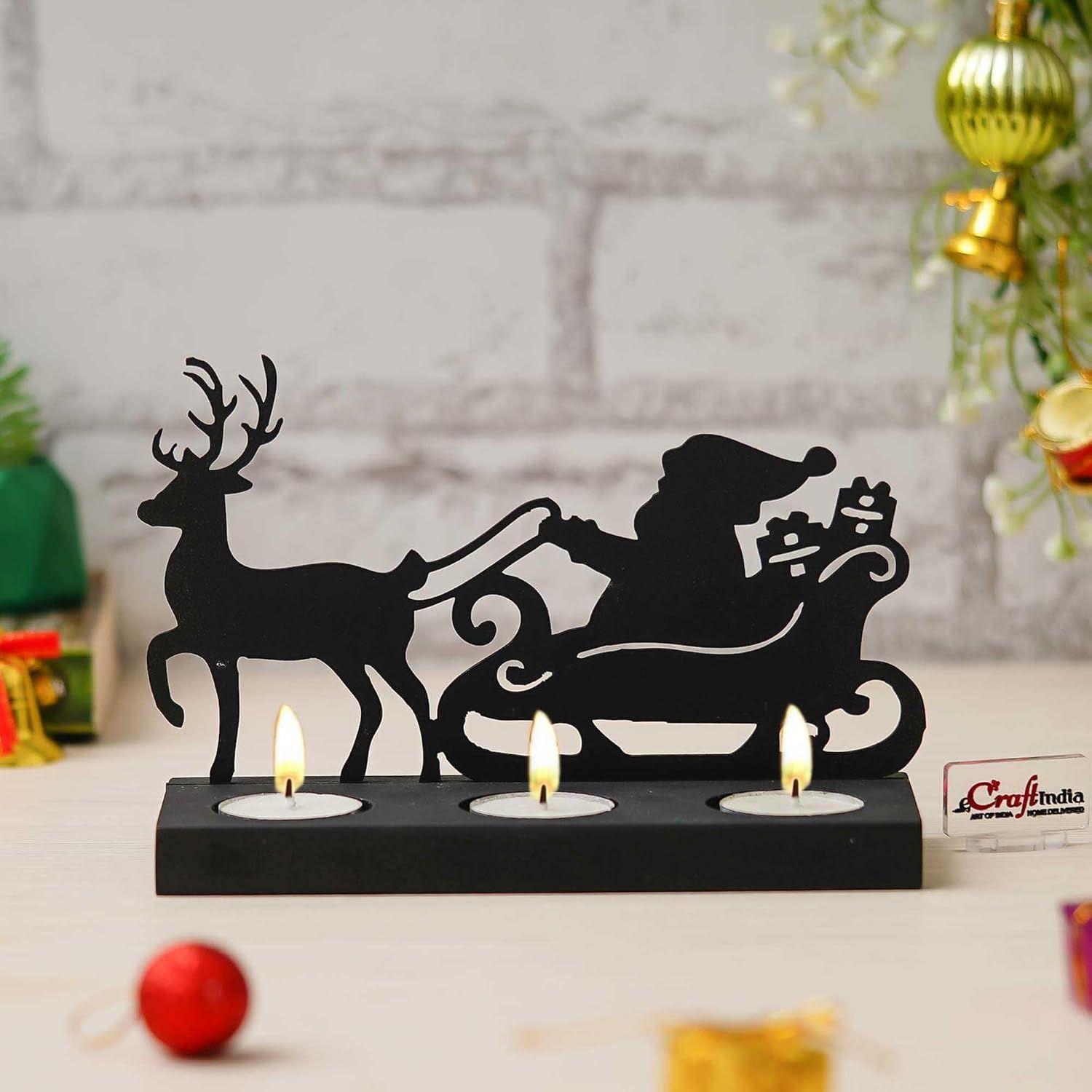 

Santa Clause with Reindeer Sleigh Showpiece Decorative Tea Light Candle Holders(Wooden, Black)Tea Light Holders|Christmas Decoration Items