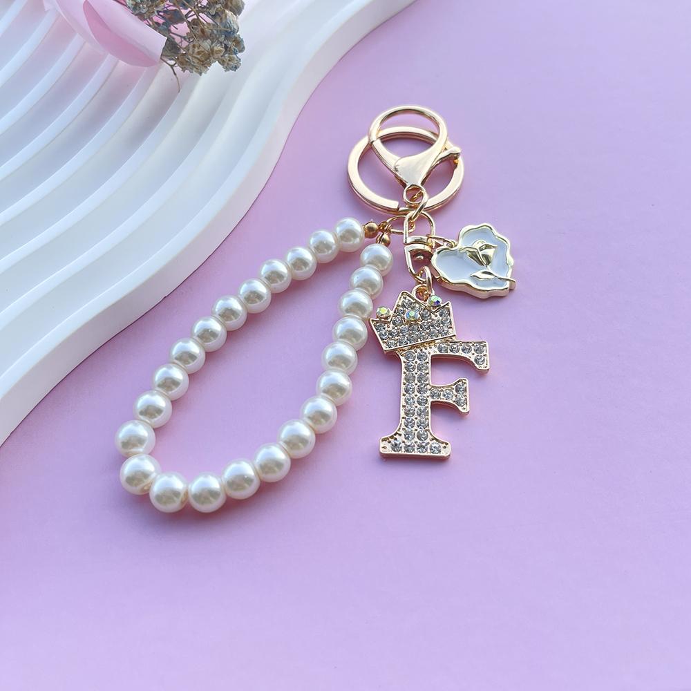 Boutique Crown A-Z 26 Initial Letters Rose Keyring Crystal Faux Pearl Resin Beaded Keychain Bag Pendant Women Girl Gifts Jewelry