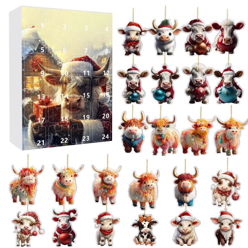 Cow Christmas Countdown 2D Flat Pendant Ornament Set