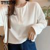WTEMPO Women Long Sleeve Casual T-Shirts Elegant Simple Solid Button Design Retro Ins Spring Ladies Tees Loose All-match Tops