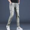 Men's American Retro Washed Slim Fit Workwear Jeans - Skinny, Scraped Edge for Spring & Autumn
